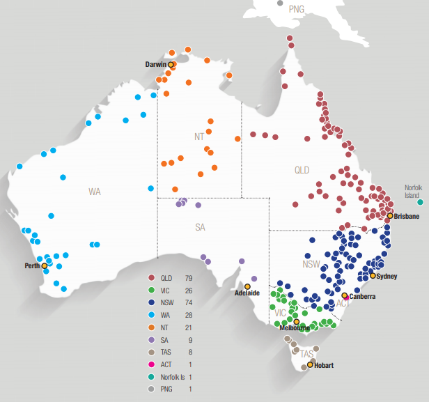 Map of Australian Communities served by RVTS registrars since 2000