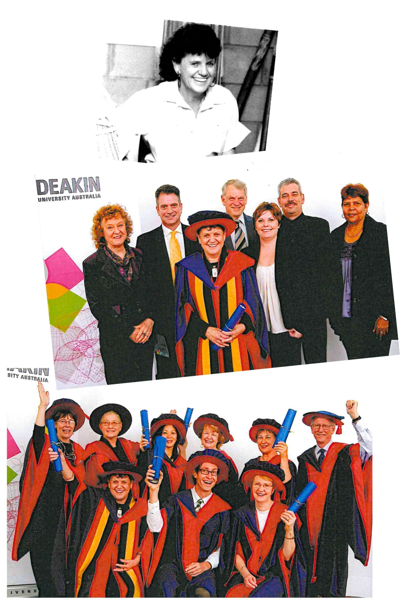 Photo top: Marlene during her time at Monash University. Photos middle and bottom: Marlene with friends and family at her PhD graduation.